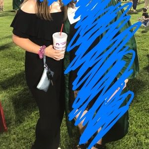 off the shoulder black pant romper/jumpsuit!